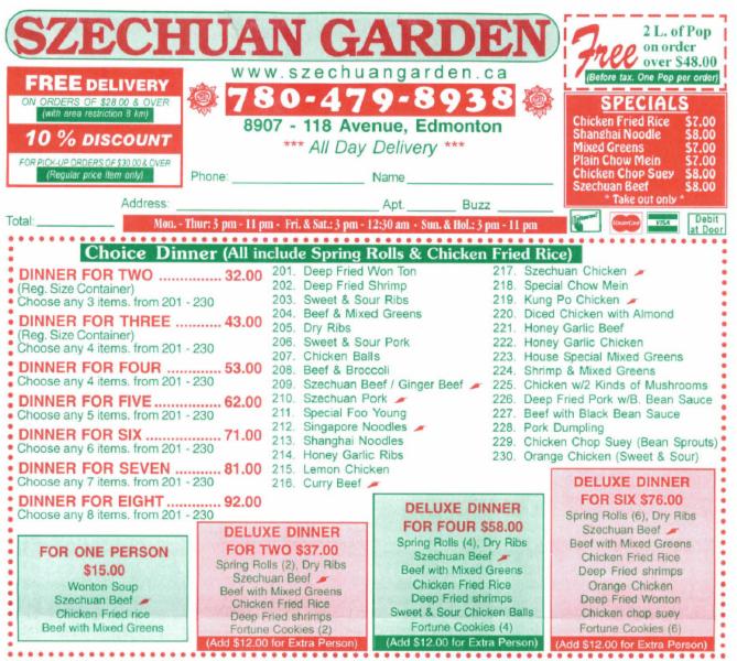 Szechuan Garden Menu, Hours & Prices 8907 118 Ave NW, Edmonton, AB