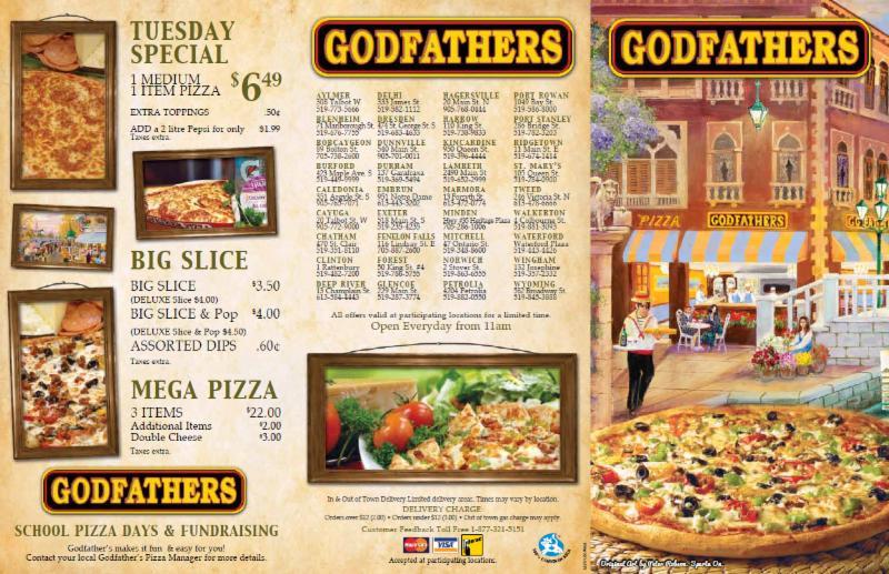 Godfather pizza opening hours Godfather’s Pizza Hours of Operation remains the same from Monday to Thursday. However, on Friday, Saturday, Sunday and Godfather’s Pizza Holiday Hours are subject to change and are listed below. Godfather’s Pizza Holiday Hours Open & Closed in