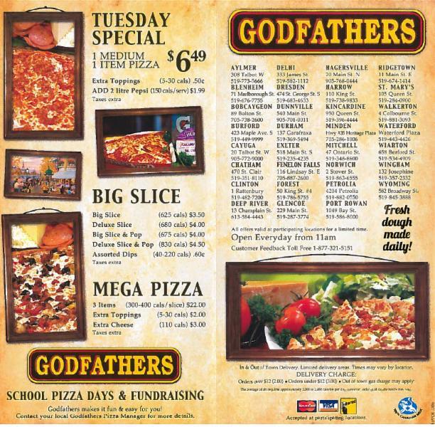 Godfather pizza opening hours Find opening & closing hours for Godfather Pizza in Lindsay St E, Fenelon Falls, ON, K0M 1N0 and check other details as well, such as: map, phone number, codermadys.mlon: Lindsay St E, Fenelon Falls, K0M 1N0.