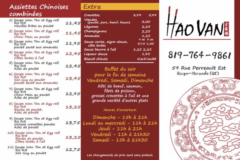 Restaurant Hao Van Menu, Horaire et Prix 59, rue Perreault E, RouynNoranda, QC