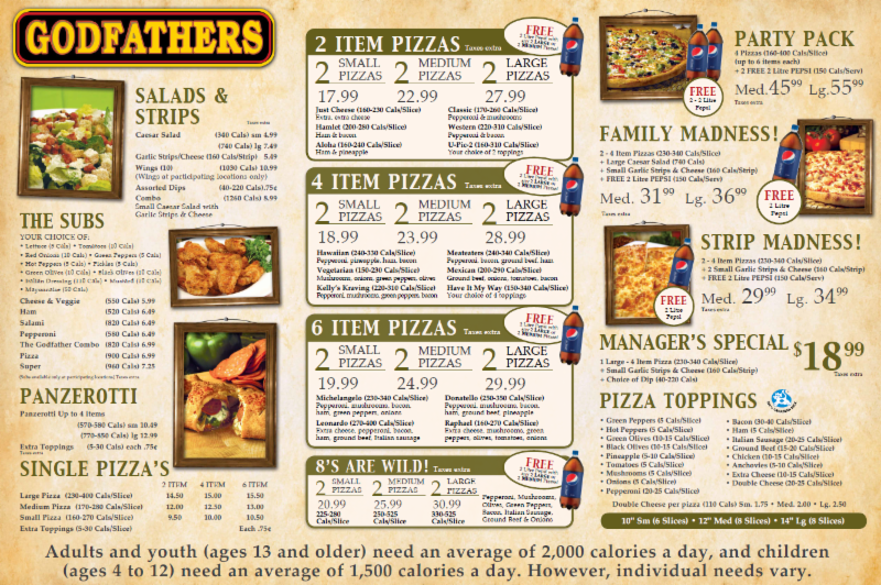 Godfather pizza opening hours Godfather's Pizza, Pekin IL Opening hours. Godfather's Pizza is currently OPEN for business. No reviews nor any photos posted yet - be the first to post! Lunch starts. Lunch closes. Dinner starts. Dinner ends. Godfather's Pizza is listed as a local restaurant for the following areas.